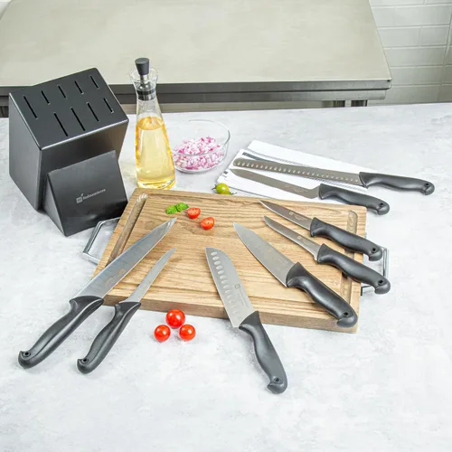 Vista 5 de Restaurantware Sensei - Juego de 8 cuchillos de acero alemán negro con pasadores codificados de colores para chefs, afilado, resistente a