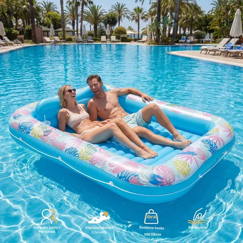Vista 4 de OKSUWATER - Flotador para tumbona bronceadora para piscina, de 87 x 63 pulgadas, para adultos, con reposacabezas y soporte para bebidas, cama Azul