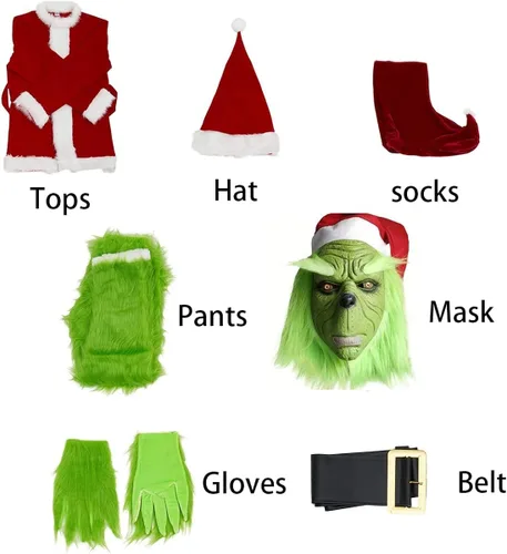 Vista 5 de WPOZD Christmas Deluxe Green Monster Costume - 7PCS Adult Suit Deluxe Adult with Green Monster Mask and Red Christmas Hat