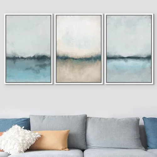 Vista 113 de SIGNFORD - Set de obras de arte en lienzo enmarcado para pared, ilustraciones abstractas de neblina del desierto en tonos neutros beige y marrón