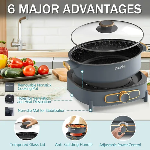 Vista 9 de Dezin Olla eléctrica Shabu Shabu con olla extraíble, olla caliente antiadherente de 5 L con control de potencia múltiple, olla eléctrica de 3.7 A