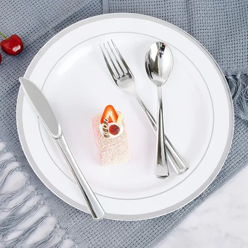 Vista 6 de FOCUSLINE Juego de 300 cubiertos de plástico plateado – 100 tenedores, 100 cuchillos, 100 cucharas – cubiertos desechables de plástico resistente