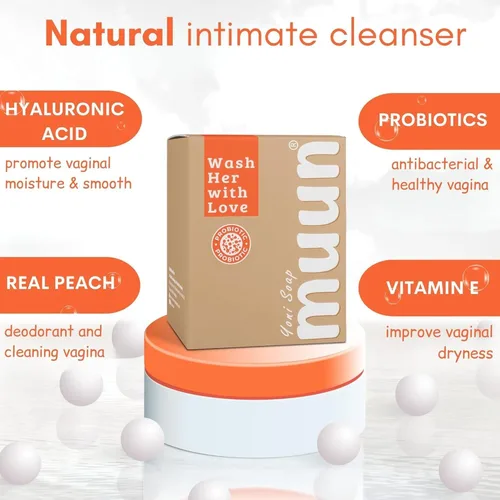 Vista 2 de Muun Barra de Jabón Yoni de Durazno - Paquete de 3 Equilibrio de pH de Durazno Probióticos e Ingredientes Naturales - Fórmula de Limpieza Suave