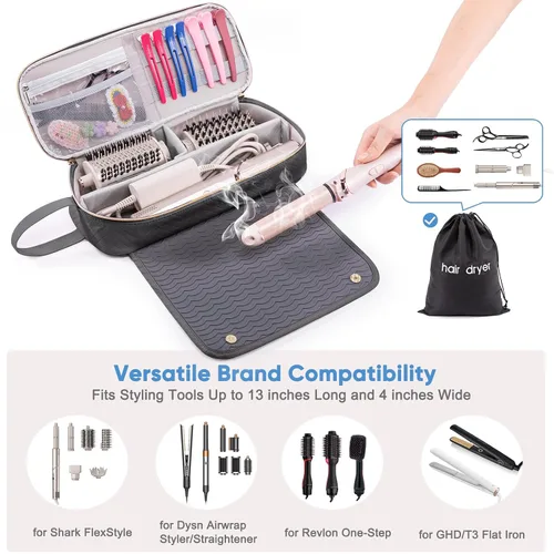 Vista 4 de Bolsa de viaje 2 en 1 para herramientas para el cabello con alfombrilla resistente al calor para Shark Flexstyle, planchas, alisadoras, rizadores