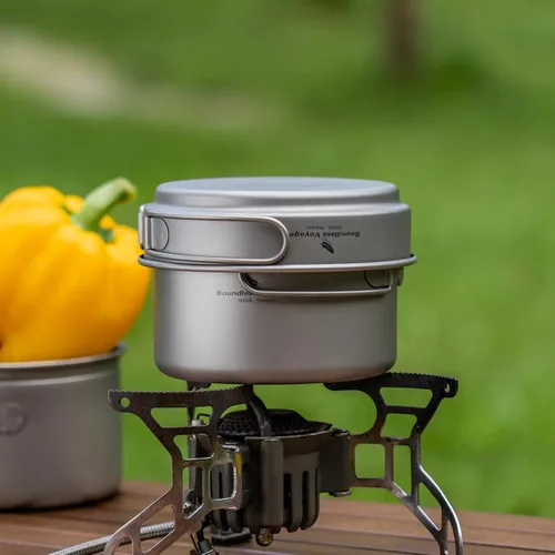 Vista 6 de Juego de sartenes de titanio con mango plegable para acampar al aire libre, sopa, tazón, sartén, kit de utensilios de cocina de picnic