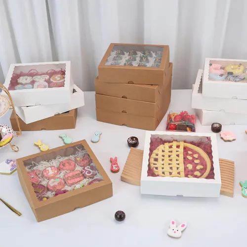 Vista 4 de TEMLQPACK 6 piezas cajas de panadería marrones de 10 x 10 x 2.5 pulgadas con ventana, tartas, galletas, fresas cubiertas de chocolate, corazón