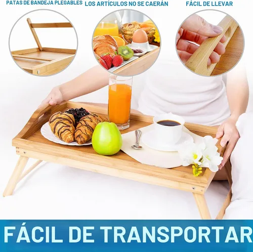 Vista 6 de Zulay Bandeja plegable de bambú para desayuno, bandeja para cama y aperitivos con patas, escritorio para laptop