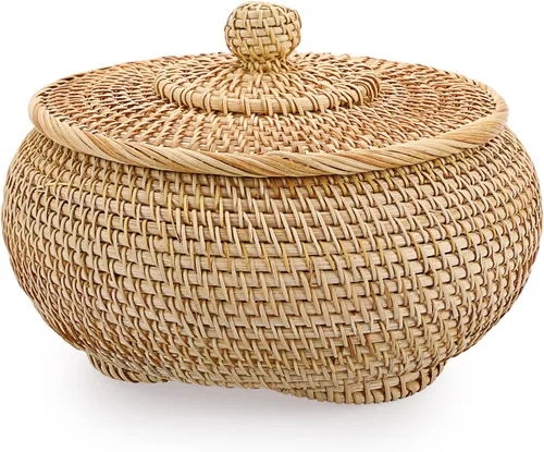 Vista 12 de Hipiwe Cajas de Cestas Redondas de Ratán con Tapa Tejidas a Mano, Cestas de Almacenamiento de Mimbre, Contenedor, Cesta Decorativa Multiusos