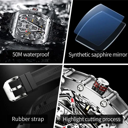 Vista 6 de OLEVS Relojes mecánicos automáticos de esqueleto para hombre, correa de silicona Tonneau de lujo, cristal de zafiro, impermeable, relojes de pulsera