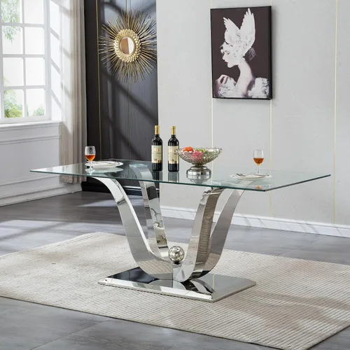 Vista 24 de Mesa de comedor moderna de vidrio de 70 pulgadas para 6-8, mesa de comedor de cristal dorado de lujo con base de acero inoxidable en forma de flores