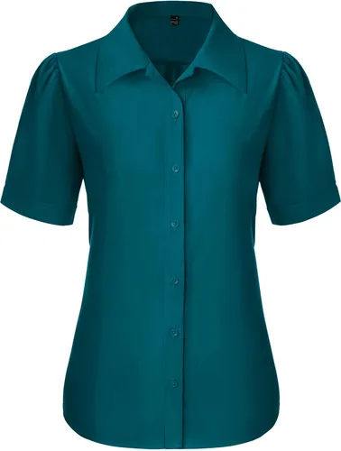 Vista 32 de Gleeivy Camisas de botones para mujer de manga corta abombada, camisas de vestir abotonadas con cuello ajustado, blusa superior de trabajo