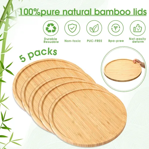 Vista 6 de Meanplan Bandeja de bambú – 5 platos de madera, tabla redonda de charcutería y plato para servir con borde para cocina, fruta, pan, ensalada, mesa