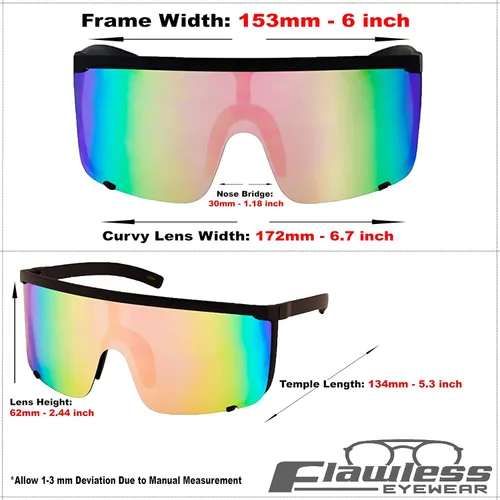 Vista 6 de Gafas de sol unisex de gran tamaño con lentes espejadas y superescudo retro con marco negro mate, Multicolor