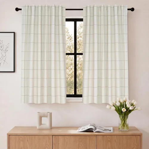 Vista 13 de DriftAway 2 paneles cortinas de lino a cuadros 100% opacas de doble capa cortinas para dormitorio de 96 pulgadas de largo estilo granja con Gris