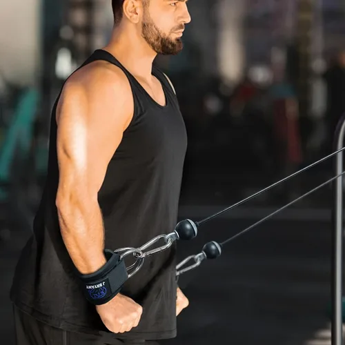 Vista 6 de Muñequeras para entrenamientos de máquina de cable, correas acolchadas con anillos en D reforzados para entrenamiento de fuerza, sistemas de polea