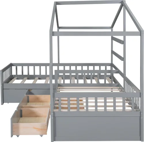 Vista 8 de Harper & Bright Designs Cama de plataforma de casa con cajones de almacenamiento y techo, marco de cama de madera tamaño individual con valla