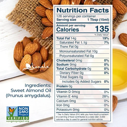 Vista 2 de Kevala Aceite de almendras dulces - 1/2 gal, 64 oz, aceite prensado en frío con vitamina E