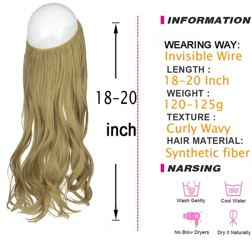 Vista 2 de Extensión de cabello rubio ceniza, diadema ajustable de alambre transparente, ondulado, rizado, sintético, postizo de 18 pulgadas, 4.2 onzas