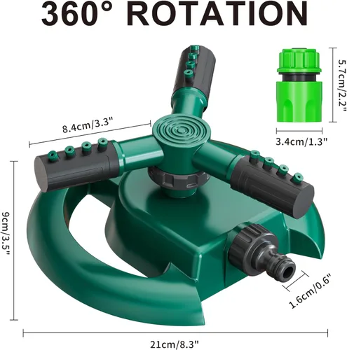 Vista 2 de Rociadores para patio, rociador de agua, rociador de césped de rotación de 360 grados, 3 brazos ajustables, cobertura de área grande, rociadores