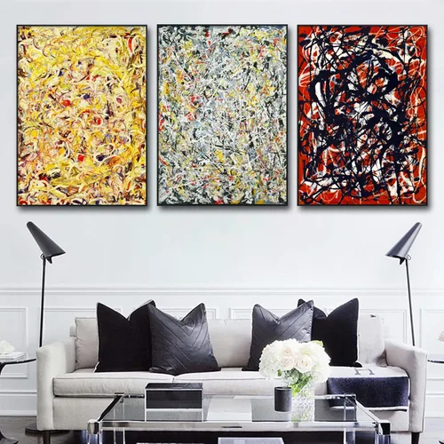 Vista 2 de INVIN ART Jackson Pollock - Lienzo enmarcado de 3 piezas, serie de pintura combinada #1 de Jackson Pollock, arte de pared, arte abstracto moderno