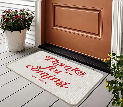 Vista 2 de Tapete divertido y moderno con texto en inglés "Thank for Coming Now Leave" (Gracias por venir ahora y dejar), 17 x 30 pulgadas, decorativo