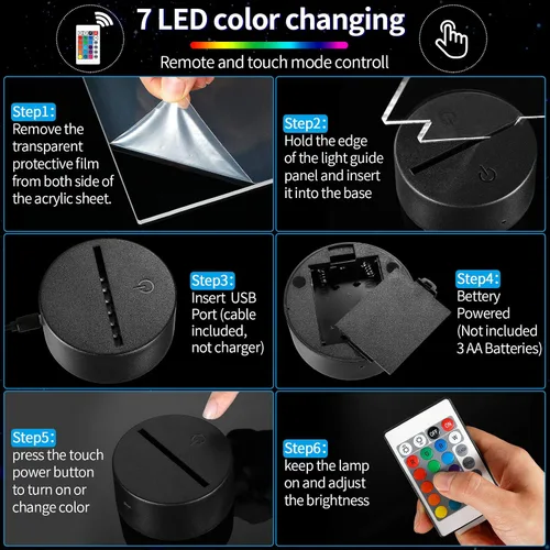Vista 3 de Honoson 4 Piezas Bases de Lámpara LED Nocturna 3D con 4 Piezas Láminas de Acrílico Transparente Control Remoto Cable USB Ajustable 16 Colores 4