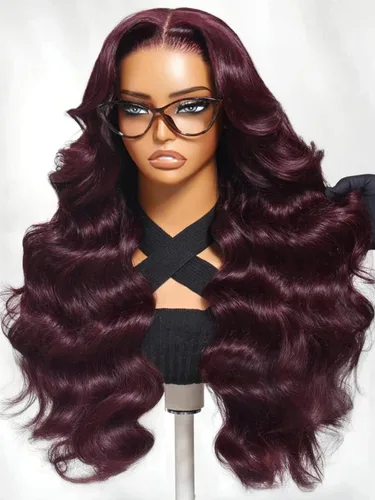 Vista 4 de UNICE Peluca de Cabello Humano Black Cherry Loose Wave Bye Bye Knots con Encaje Frontal de 7x5 con Cordón, con Flequillo Enmarcador del Rostro, Pre