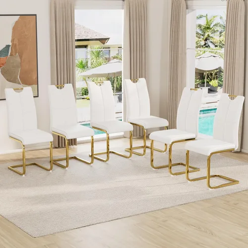 Vista 33 de Juego de sillas de comedor modernas (2 unidades) de piel sintética PU con respaldo alto tapizadas con patas doradas de metal para cocina y comedor