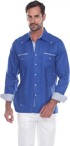 Vista 6 de Mojito Men's 100% Linen Guayabera Shirt Long Sleeve Print Trim Accent M-4019