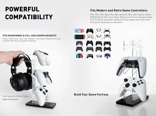 Vista 44 de OAPRIRE Headset and Controller Stand with Lights, 2 Tier Acrylic Game Controller Holder, Controller and Headset Stand for Desktop,Universal Design