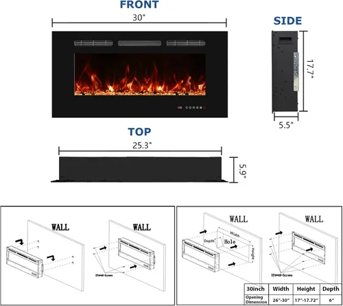 Vista 3 de Chimenea eléctrica de 30 pulgadas, inserto de chimenea eléctrica empotrable montado en la pared, calentador de chimenea con temporizador, control