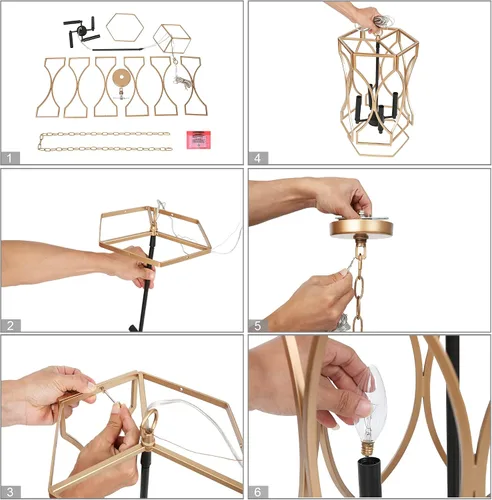 Vista 6 de Durent Lighting Lámpara de araña dorada y negra, moderna lámpara colgante de 4 luces, lámpara de granja para vestíbulo, entrada, comedor, isla