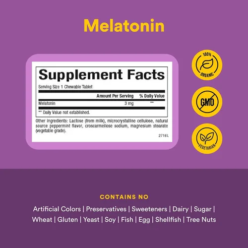 Vista 4 de Melatonina Stress-Relax 3 mg por Natural Factors, Natural Sleep Aid, restablece el ciclo de sueño-vigilia, 180 tabletas masticables (180 porciones)