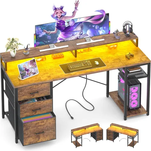 Vista 3 de Aheaplus Escritorio para juegos con luces LED y tomas de corriente, escritorio para computadora de oficina en casa de 59 pulgadas con cajones