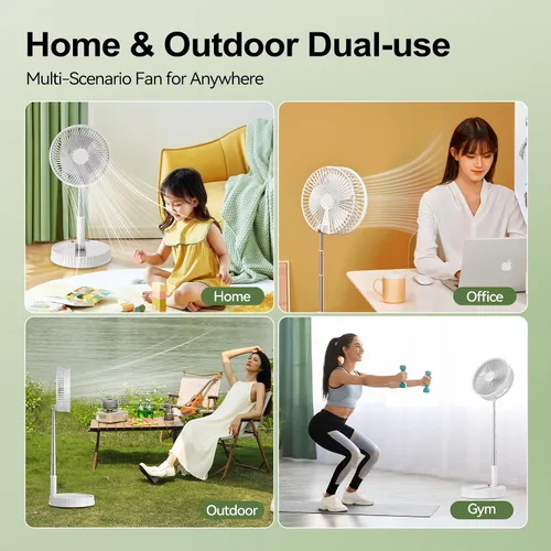 Vista 4 de Ventilador recargable plegable portátil – Altura ajustable de 4000 mAh USB-C funciona con pilas, ventilador pequeño silencioso de 4 velocidades