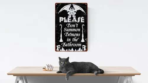 Vista 6 de Letrero de metal vintage de Halloween con texto en inglés "Please Do Not Summon Demons in the Bath" (Por favor, no convocar demonios en el baño)