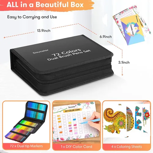 Vista 7 de Soucolor Suministros de arte para adultos, 72 colores de doble punta de pincel de punta fina, kit de arte de dibujo con estuche de arte