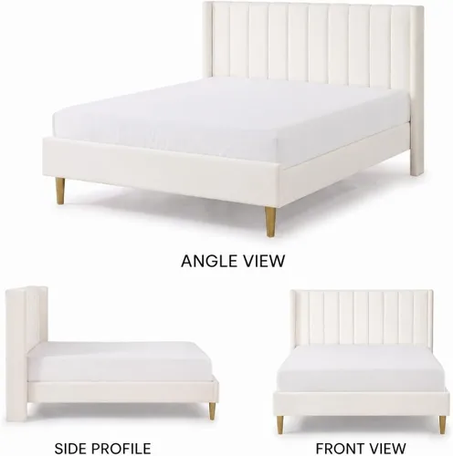 Vista 8 de Cama de plataforma tapizada de terciopelo Queen con cabecera con respaldo de alas, color crema Canal vertical acolchonado, listones de madera