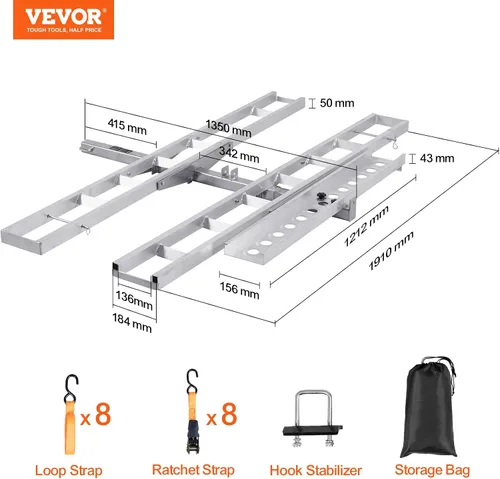 Vista 7 de VEVOR Portabicicletas, 2 bicicletas de 600 libras, soporte de enganche de motocicleta de aluminio, rampa de carga, transportador de remolque de moto