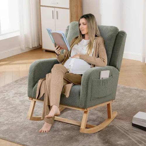 Vista 5 de HCHAIRH Mecedora para cuarto de bebé, silla mecedora para amamantar, con respaldo alto, tapizada, moderna, con acento, para sala de estar Verde