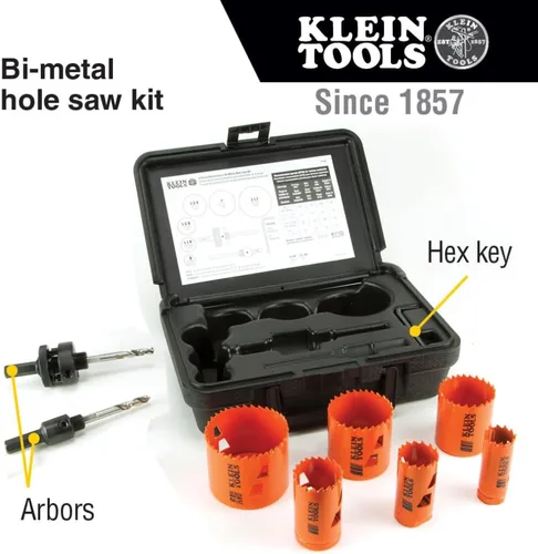 Vista 3 de Klein Tools 31902 Kit de sierra de agujero bimetálica con puntas de eje para cortar acero, paneles de yeso, azulejos de techo, madera, plástico, 8
