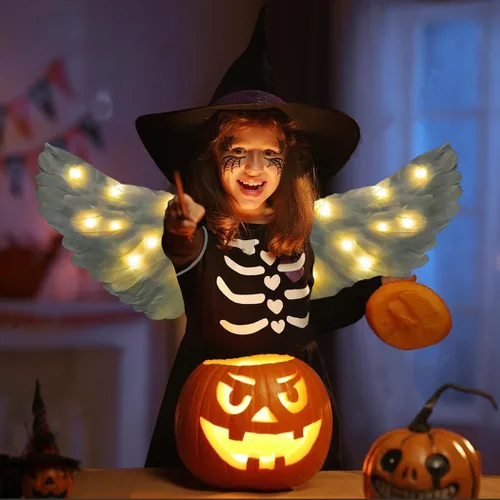 Vista 6 de Alas de ángel, alas de ángel iluminadas y halo con luces LED, disfraz de alas de ángel blancas para adultos, mujeres, niños, Halloween, Navidad