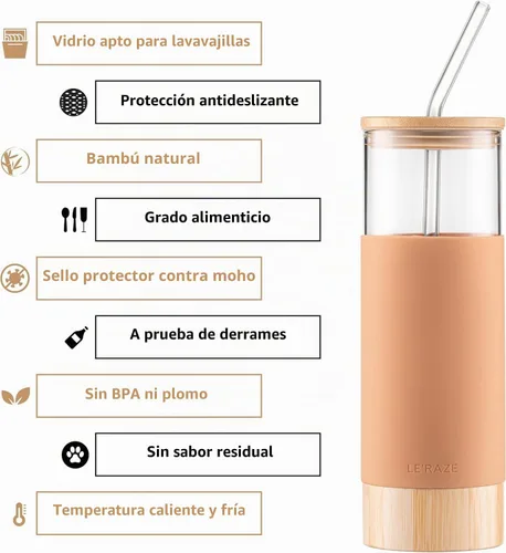 Vista 4 de Vaso de vidrio prémium de 20 onzas con popote y tapa de bambú y base con funda protectora de silicona, sin BPA, botella de agua Growler