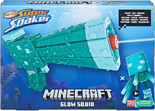 Vista 2 de Nerf Super Soaker Minecraft Glow Squid Water Blaster, Minecraft Dungeons Squid Mob, juguete de agua al aire libre, juegos al aire libre para niños