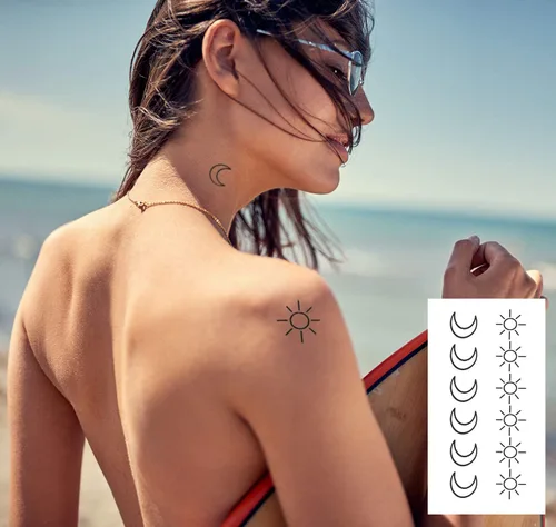 Vista 5 de 36 tatuajes de sol y luna, 3 hojas de transferencia de agua, arte minimalista para el cuerpo pequeño, impermeable, tatuajes falsos temporales