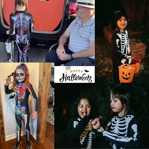 Vista 7 de RAISEVERN Body de esqueleto para niños, overol de huesos zombi de Halloween, disfraz divertido de calavera aterradora (5-14T)