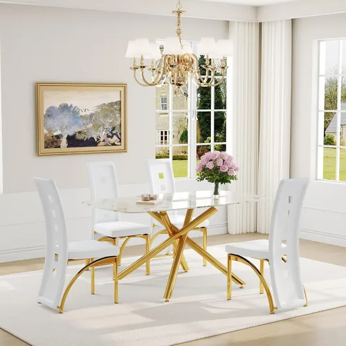 Vista 13 de Juego de mesa de comedor moderna para mesa de comedor negra de 4,63 pulgadas, juego de 4 con patas de metal dorado, mesa de cocina rectangular