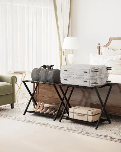 Vista 5 de Hzuaneri Portaequipajes, soporte plegable para maleta para invitados, plegable, portaequipajes con estante, marco de acero con correas de nailon