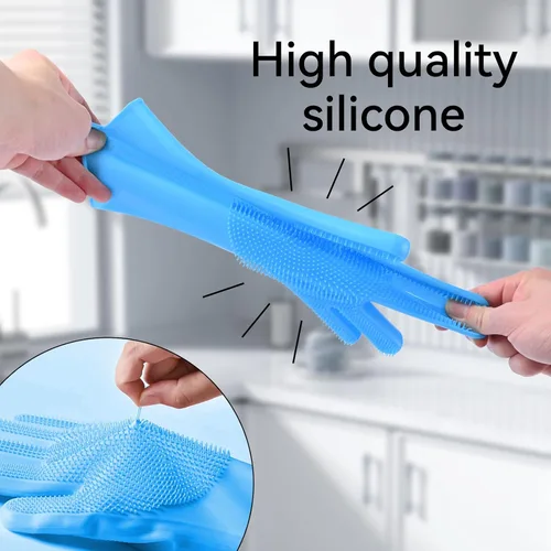 Vista 4 de Guantes de silicona para lavar platos, guantes de cocina para lavar platos, reutilizables, impermeables, para el hogar, con cepillo de limpieza