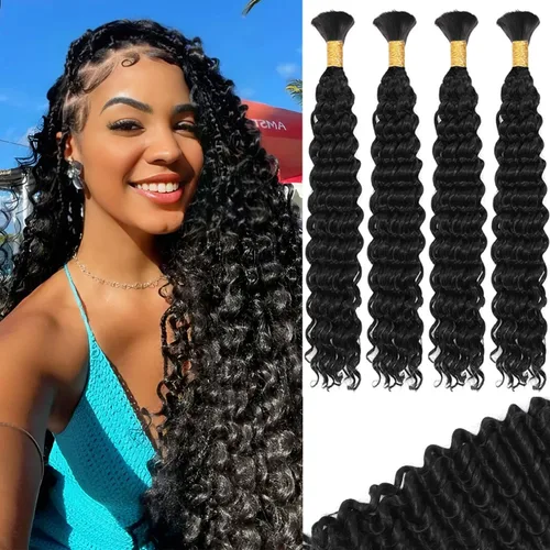 Vista 11 de Mezcla de cabello humano para trenzar, cabello sintético rizado bohemio para trenzar, trenzas bohemias de 16 pulgadas, 4 paquetes de 110g/paquete